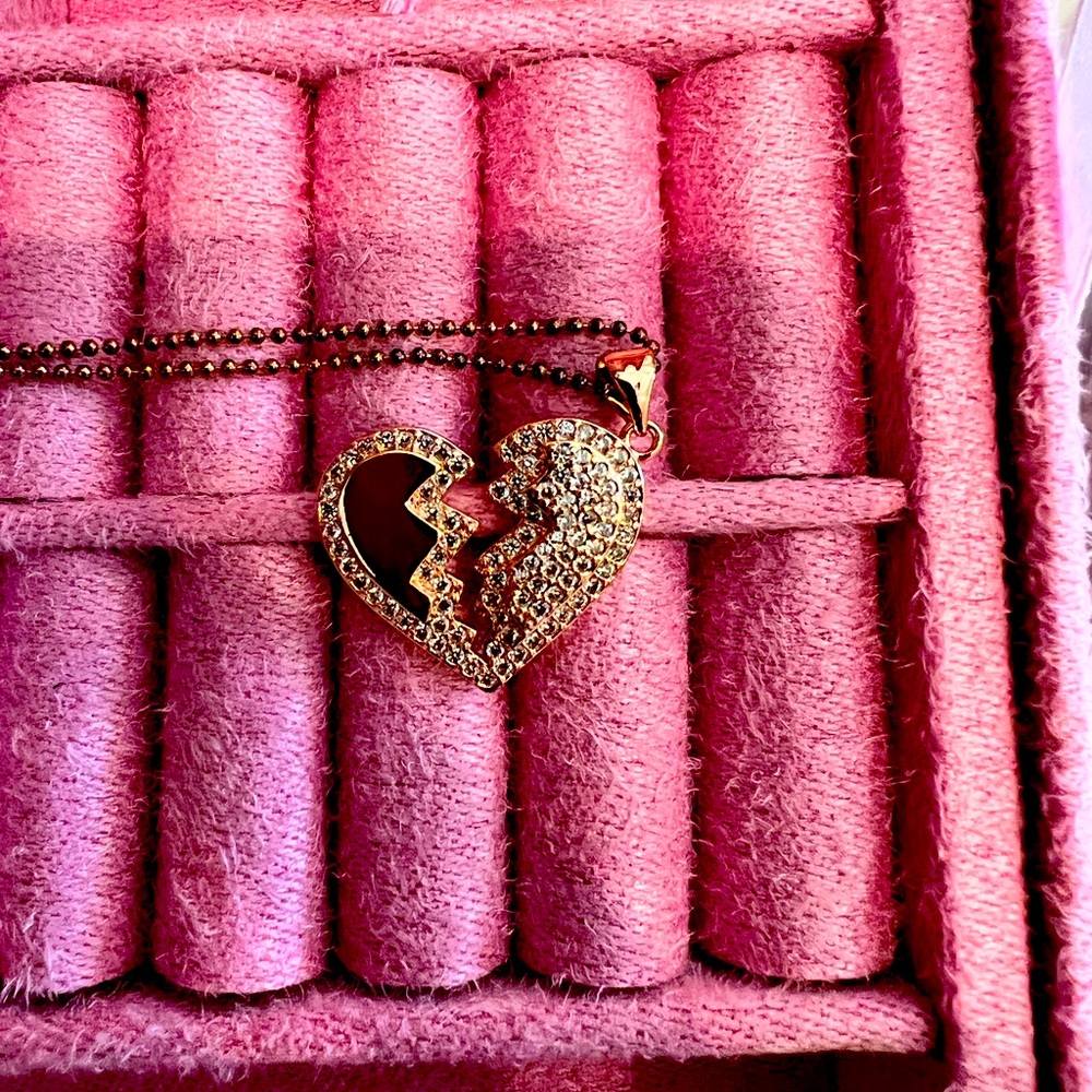 Gold Broken Heart Pendant Necklace in Pink